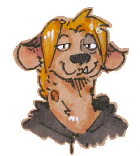 art by me of my anthro spotted hyena fursona smiling dumbly. he looks like every other anthro spotted yeen w blonde hair but has a grey/silver spot on his left eye.