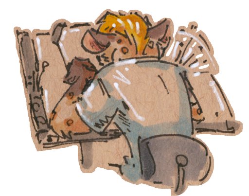 a drawing of my yeen fursona is set at an artist's drawing table scribbling furiously, back to the viewer.