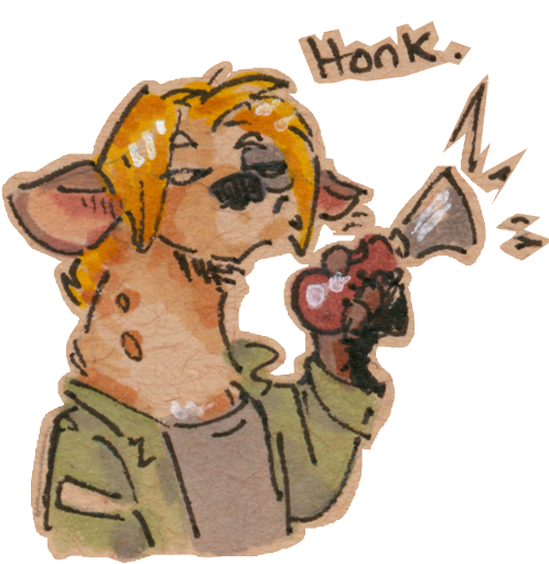 A drawing of my hyena fursona honking a bicycle horn with a very flat affect. Honk