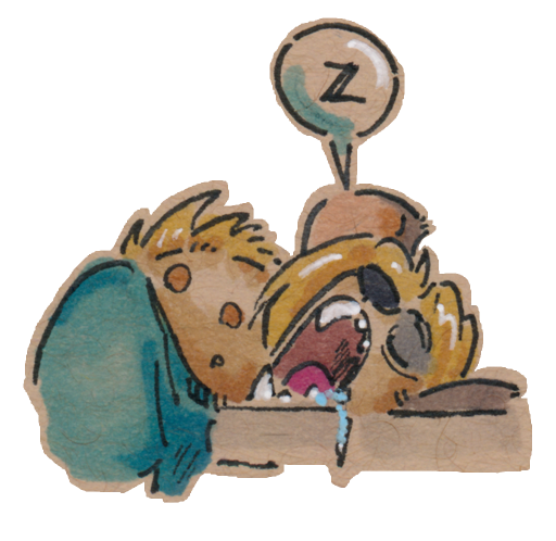 drawing by me of cial the hyena anthro with blonde fluffy hair passed out drooling at his desk, probably on a drawing.